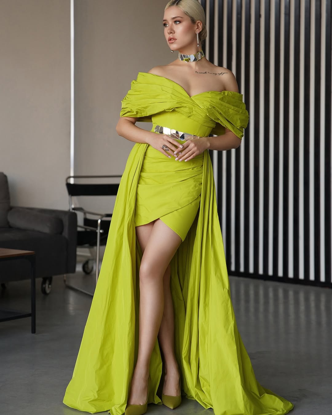 Glamorous Orange Satin Off the Shoulder Strapless Prom Dress with Detachable Train