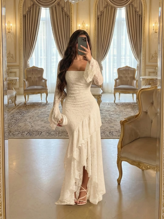 Elegant Cream Square Long Sleeves Ruffles Lace Evening Dress