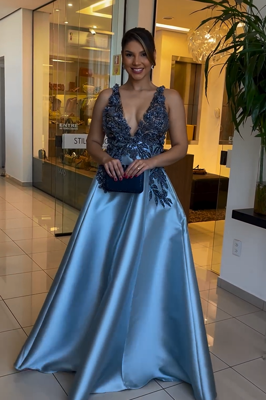 Exquisite Dusty Blue Satin Sleeveless Spaghetti Strap Prom Dress with Beadings