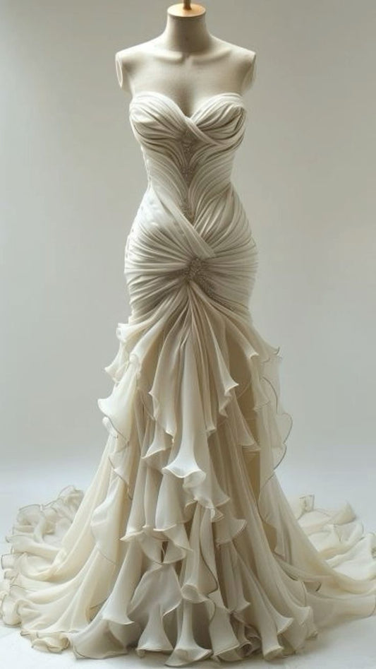 Elegant Mermaid Sweetheart Neck Ruffle Chiffon Long Prom Dress Evening Dress SH2405