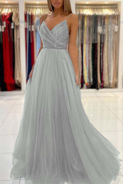 Long Light Sky Blue Spaghetti-Straps Tulle Prom Dress With Beads
