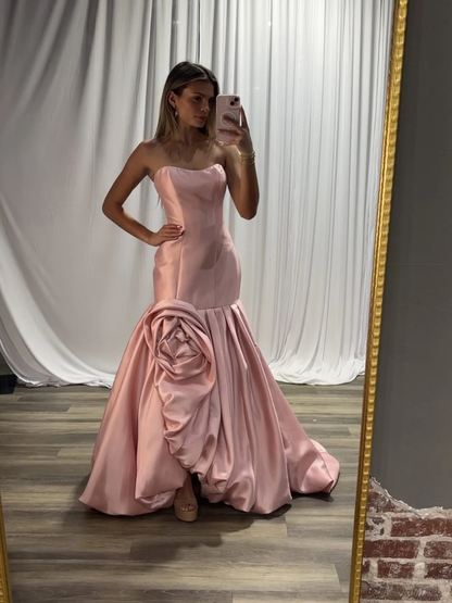 Dreamy Pearl Pink Straight Across Handmade Flower Mermaid Evening Dress