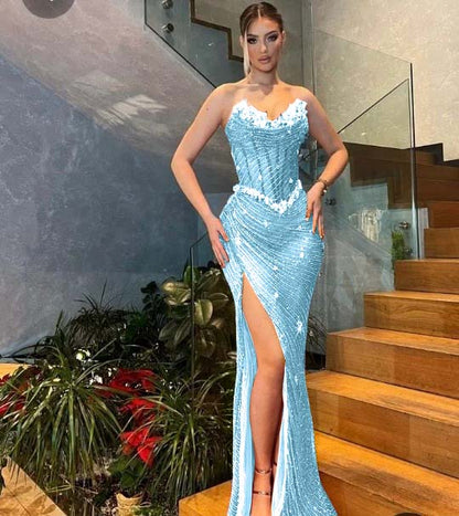 Sweetheart  Strapless Sleeveless Stuning Beaded Slit Prom Dress
