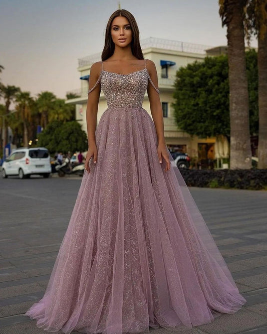 Pink Sleeveless Spaghetti Straps A-Line Beads Prom Dress