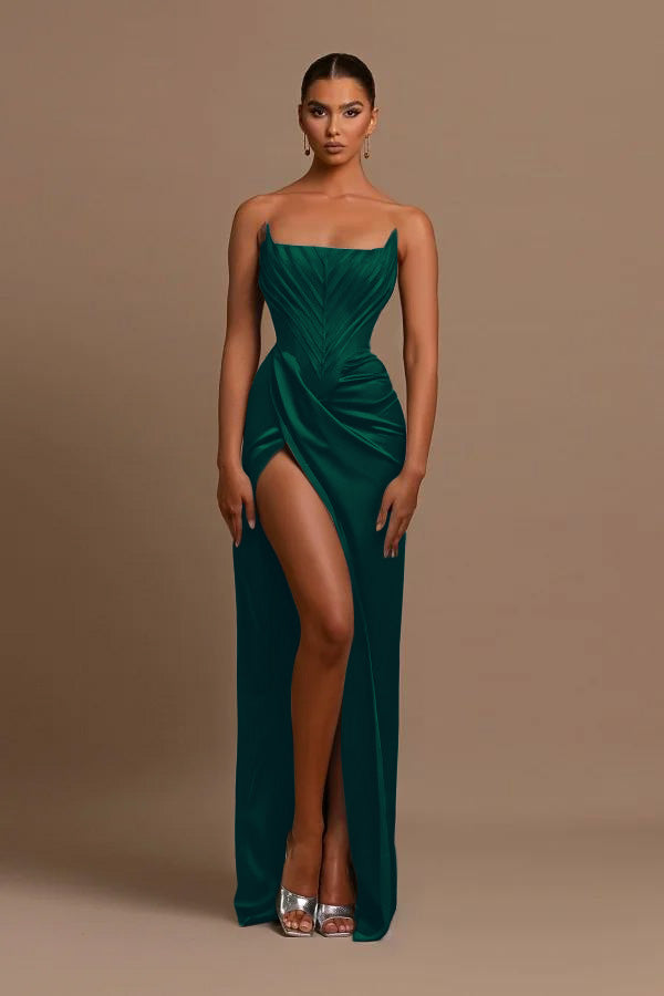 Elegant Dark Green Square Neck Slit Sleeveless Prom Dress With Pleats
