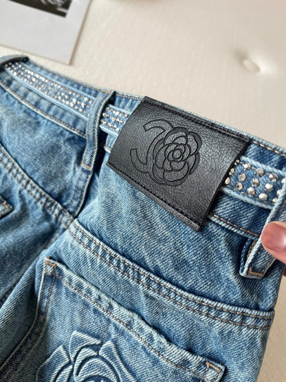 CC Rhinestone Belt Wide-Leg Jeans Blue Denim 351177