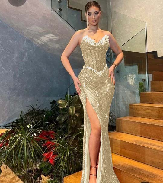 Sweetheart  Strapless Sleeveless Stuning Beaded Slit Prom Dress