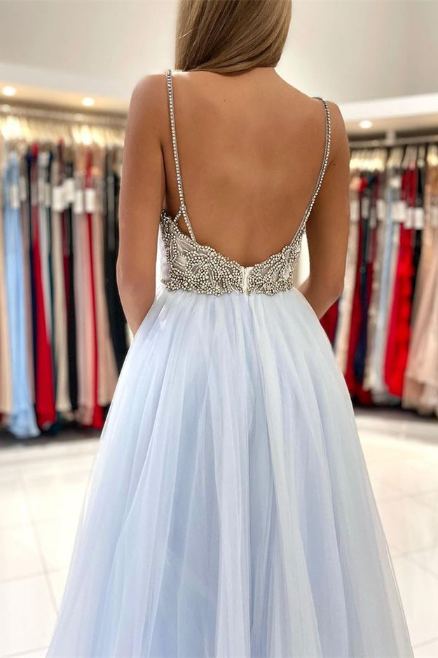 Long Light Sky Blue Spaghetti-Straps Tulle Prom Dress With Beads