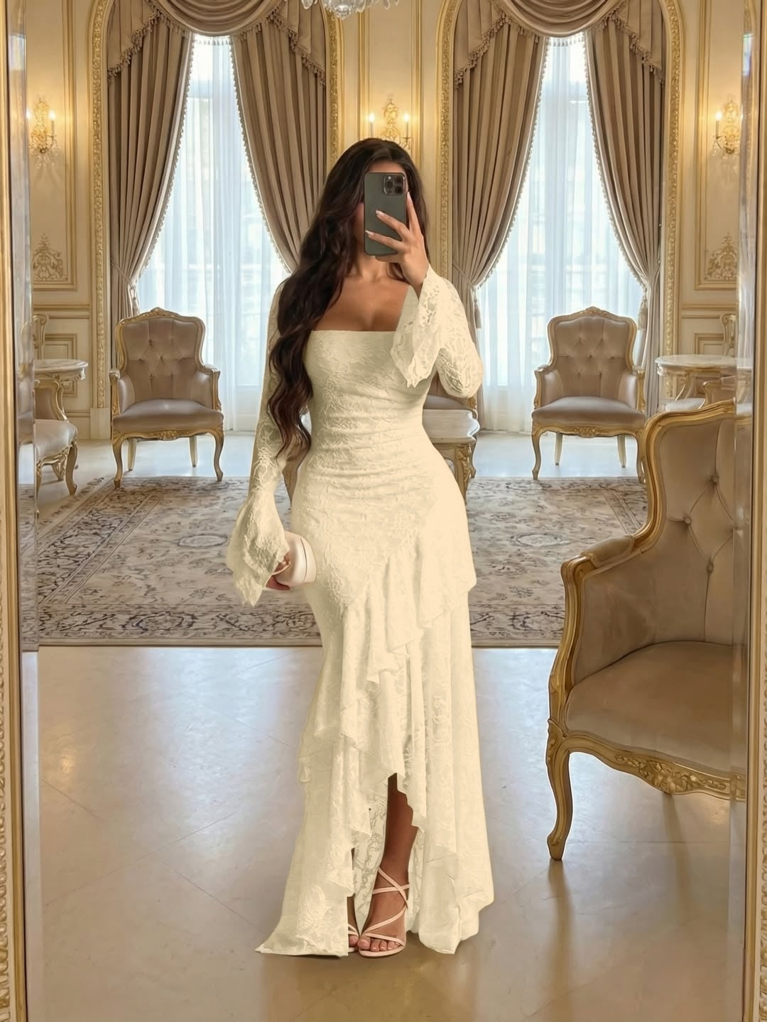 Elegant Cream Square Long Sleeves Ruffles Lace Evening Dress