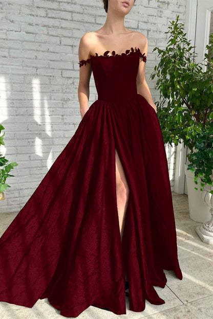 Black A Line Off-The-Shoulder Evening Dress Sleeveless Lace Side Split