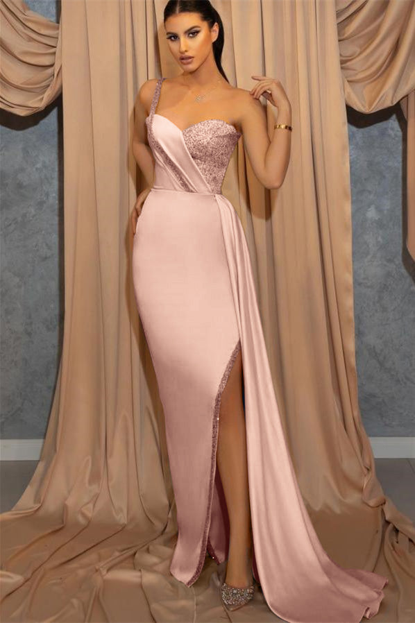 One Shoulder Spaghetti-Strap Split Sky Blue Sweetheart Mermaid Evening Dress With Sequins