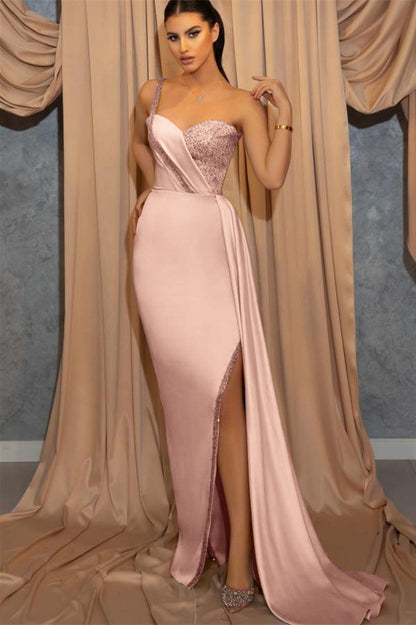 One Shoulder Spaghetti-Strap Split Sky Blue Sweetheart Mermaid Evening Dress With Sequins