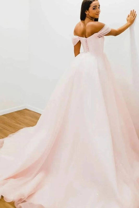 Blushing Pink Off-The-Shoulder V-Neck Strapless Evening Dress With Tulle