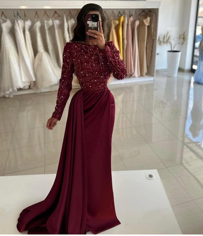Exquisite Long Sleeves Beaded Mermaid Pleated Prom Dress With Tail