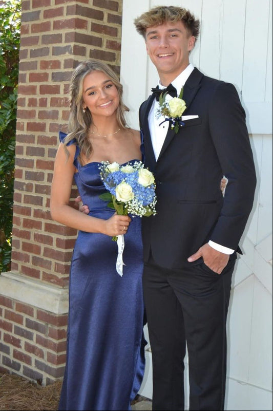 Sweetheart Ruffle Straps Satin Party Prom Dress With Slit