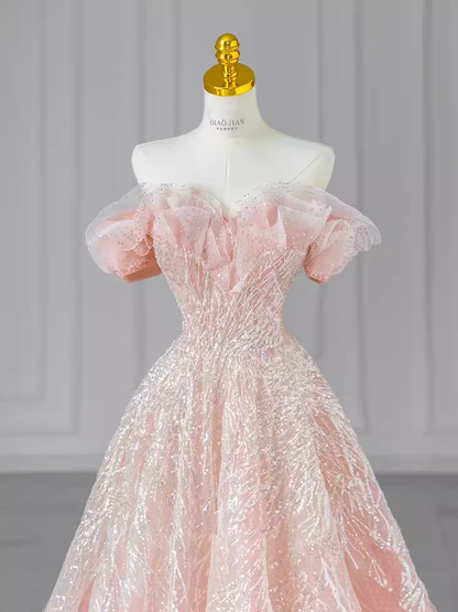 A line Off The Shoulder Pink Sequin Beads Long Evening Dress Prom Dresses   fg8584