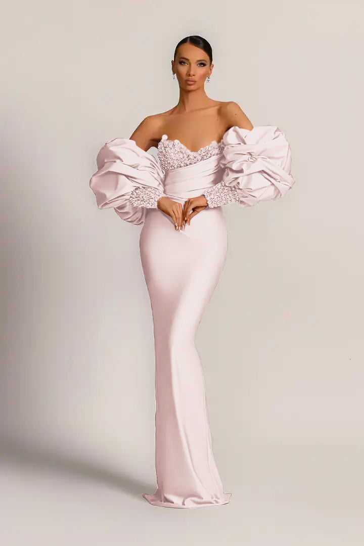 Purple Mermaid Prom Dress With Appliques Puff Sleeves