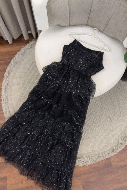 Stunning Black Sequins Sleeveless Strapless Split Long Prom Dress with Ruffles