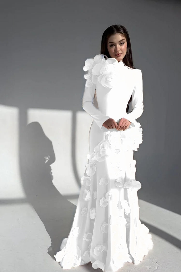Elegant Long Sleeves Long Evening Dress With Handmade Flower