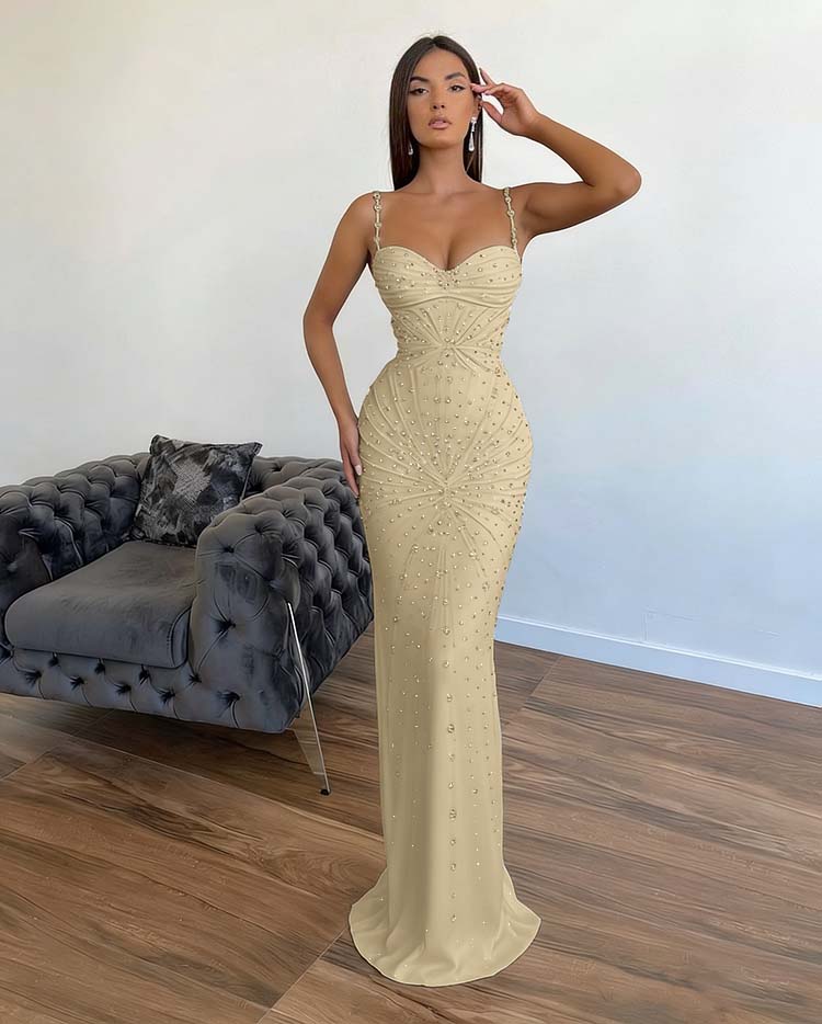 Chic Sleeveless Mermaid Beading Spaghetti Strap Black Prom Dress