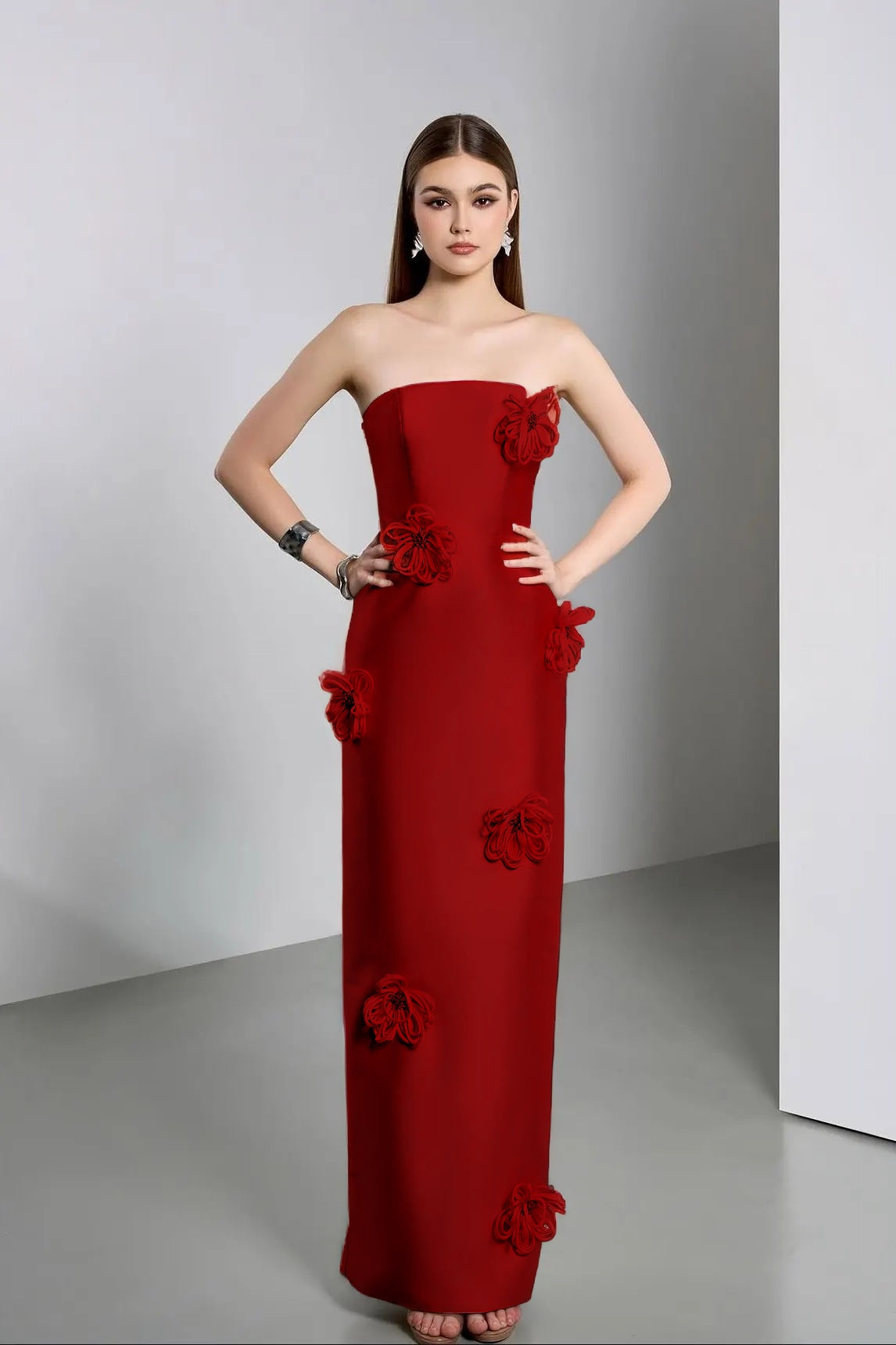 Elegant Ivory Strapless Evening Dress Column Floor Length in Satin with Flower