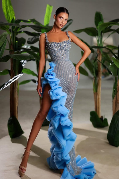 Sleeveless Spaghetti Straps Square Mermaid Long Prom Dress