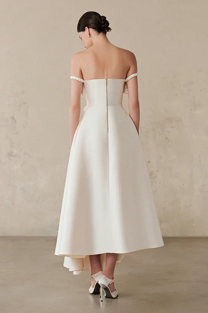 Ivory Off-the-Shoulder A-Line Evening Dress With Pleated
