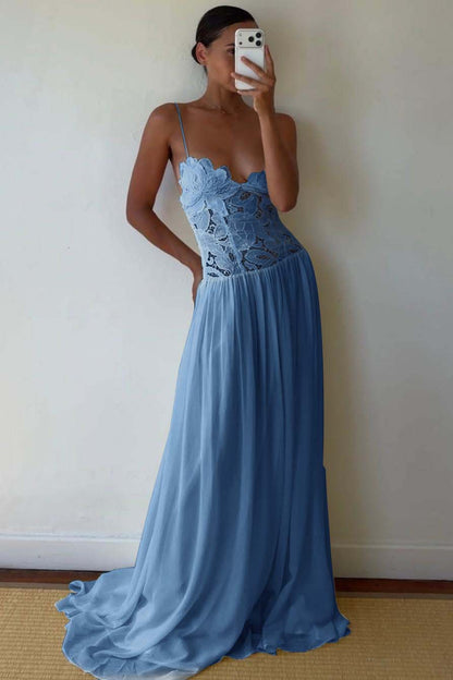 Lace And Chiffon V-Neck Spaghetti Straps Long A-Line Evening Dress With Pleated