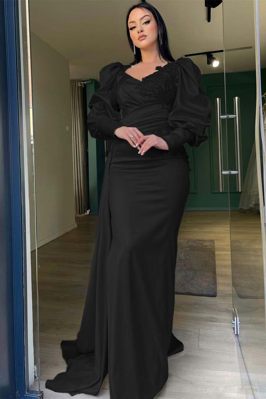 Long Puff Sleeves Mermaid Prom Dress With Appliques Ruffles