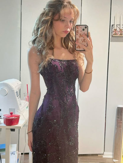 Retro Exquisite Sheath Spaghetti Strap Beaded Purple Satin Long Party Dress Evening Dress Date Dress SH3462