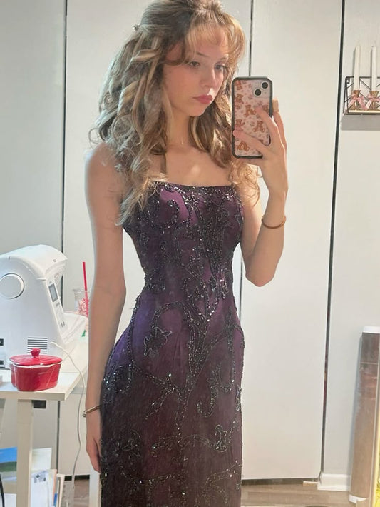 Retro Exquisite Sheath Spaghetti Strap Beaded Purple Satin Long Party Dress Evening Dress Date Dress SH3462