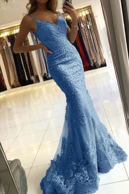 Mermaid Sky Blue Spaghetti-Straps Evening Dress