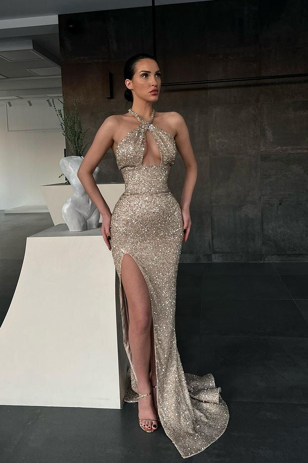Sleeveless Halter Long Sequins Mermaid Evening Dress With Slit