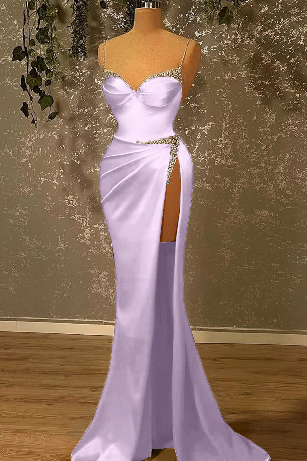 Spaghetti-Straps Beadings Burgundy Mermaid Prom Dress With Slit