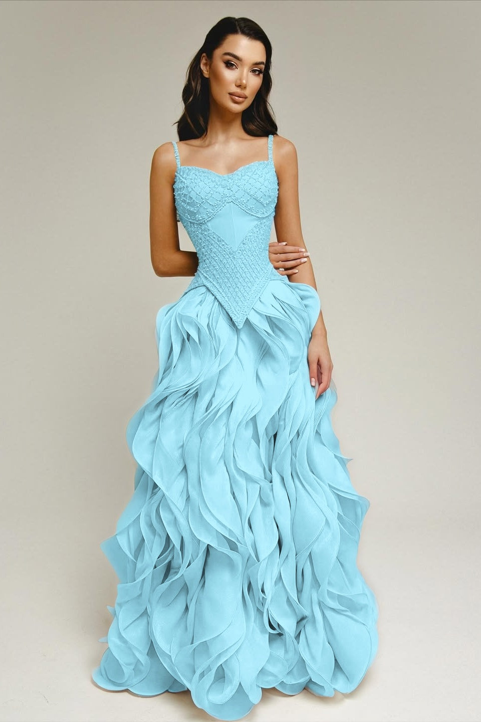 Sleeveless Exquisite Beaded Bustier Prom Dress with Cascading 3D Ruffles
