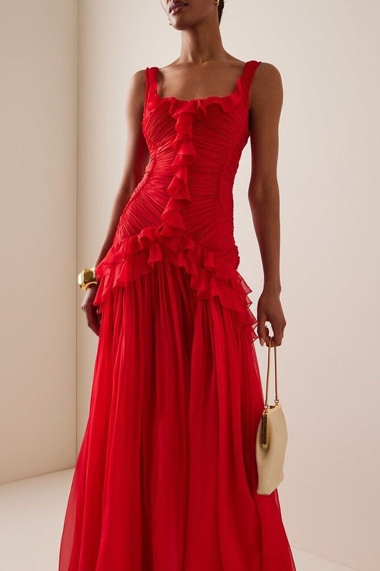 Elegant Ruffled Red Sleeveless Square Long Prom Dress With Pleated
