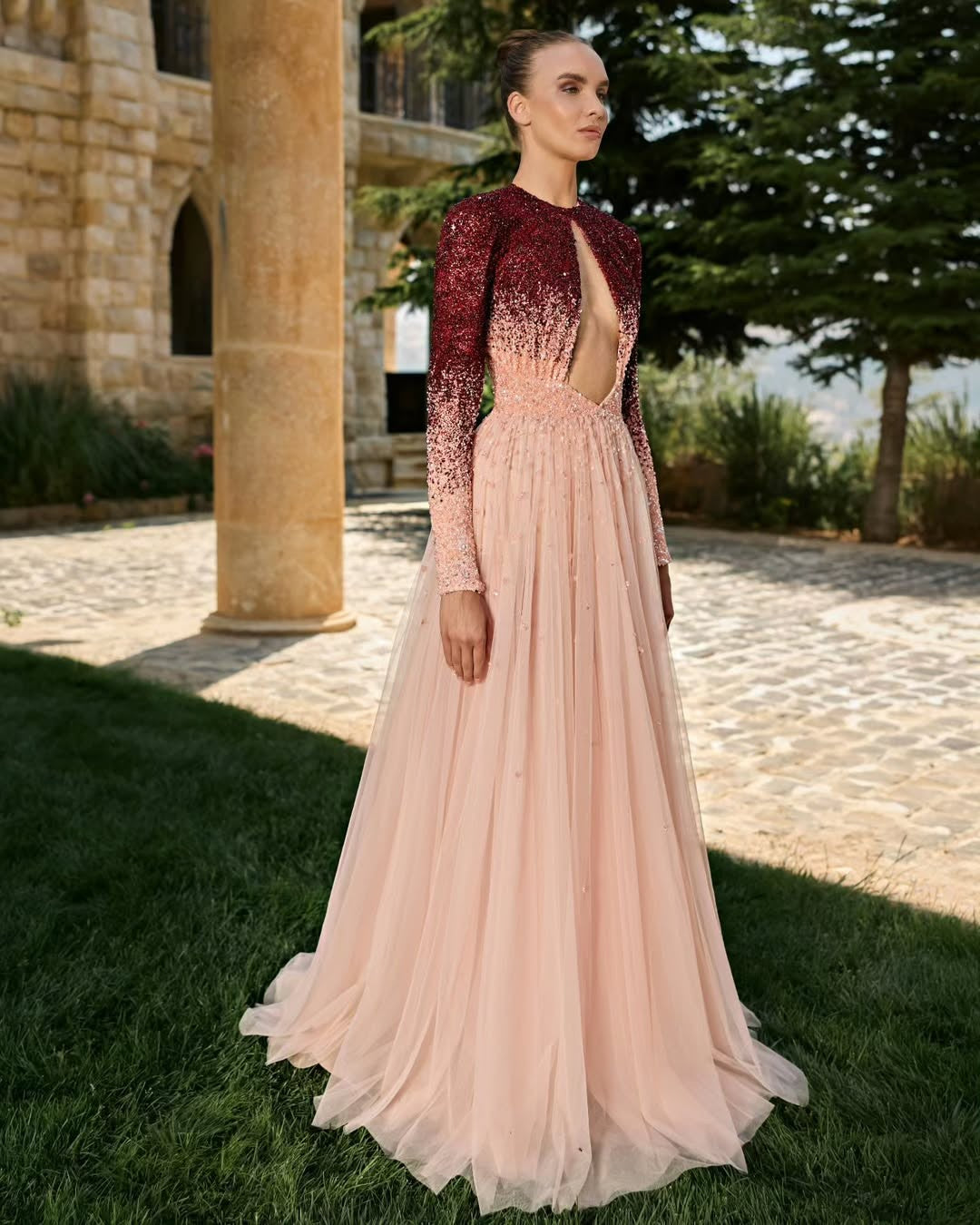 Elegant Chiffon Beaded Scoop Neck Long Sleeves Prom Dress