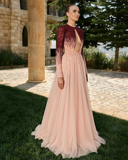 Elegant Chiffon Beaded Scoop Neck Long Sleeves Prom Dress