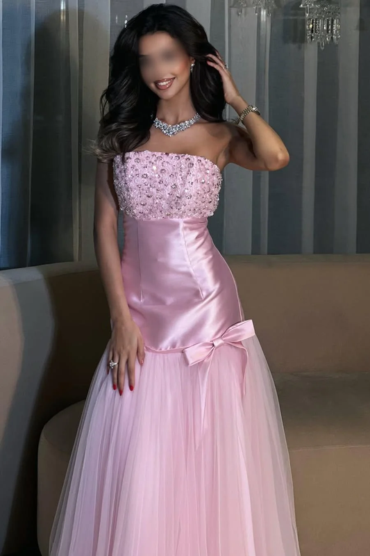 Charming Candy Pink Satin Tulle Sleeveless Strapless Long Evening Dress with Beadings