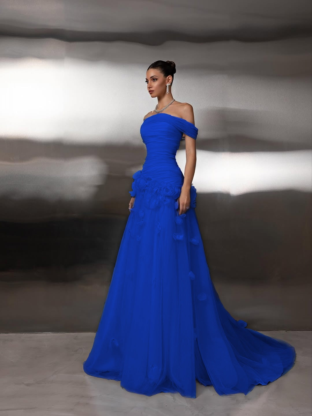 Off Shoulder Sleeveless A-Line Handmade Flower Prom Dress