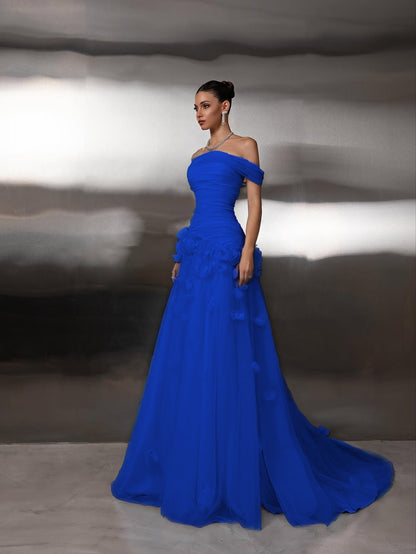 Off Shoulder Sleeveless A-Line Handmade Flower Prom Dress