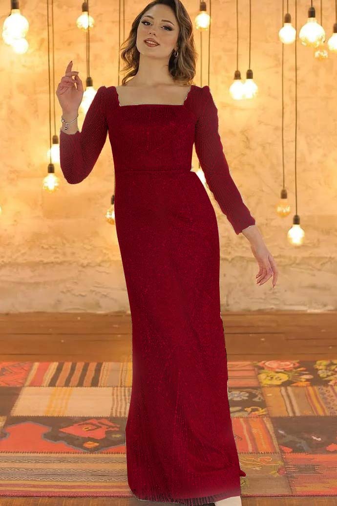 Luxurious Long Sleeves Square Long Evening Dress With Beading
