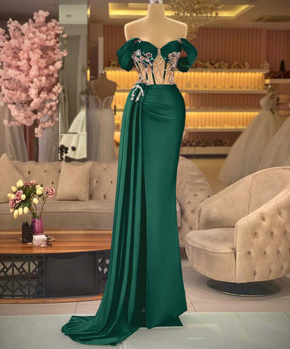 Elegant Off-the-shoulder Royal Blue Beaded Sleeveless Prom Dress with Split