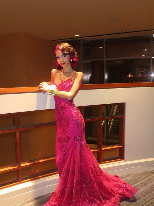 Hot Pink Mermaid Spaghetti Strap Sequin Tulle Prom Dress Evening Dress SH4727