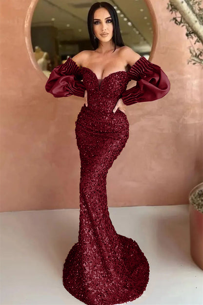 Sweetheart Long Sleeves Evening Dress With Sequins Mermaid Off-The-Shoulder