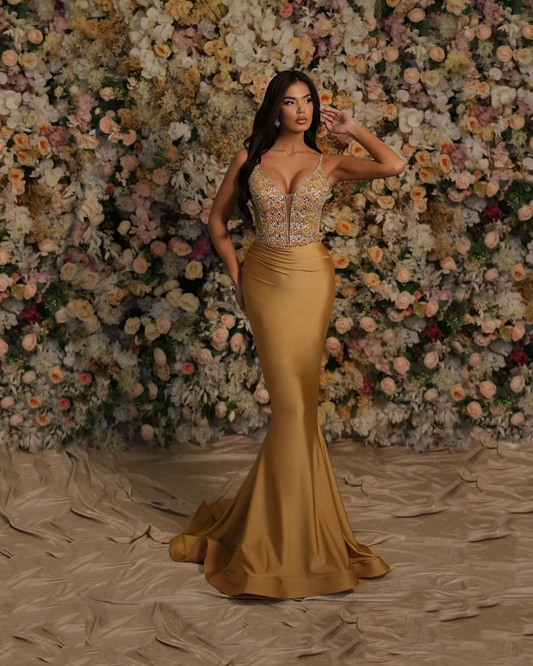 Golden Spaghetti-Straps V-Neck Mermaid Prom Dress With Beads Sequins