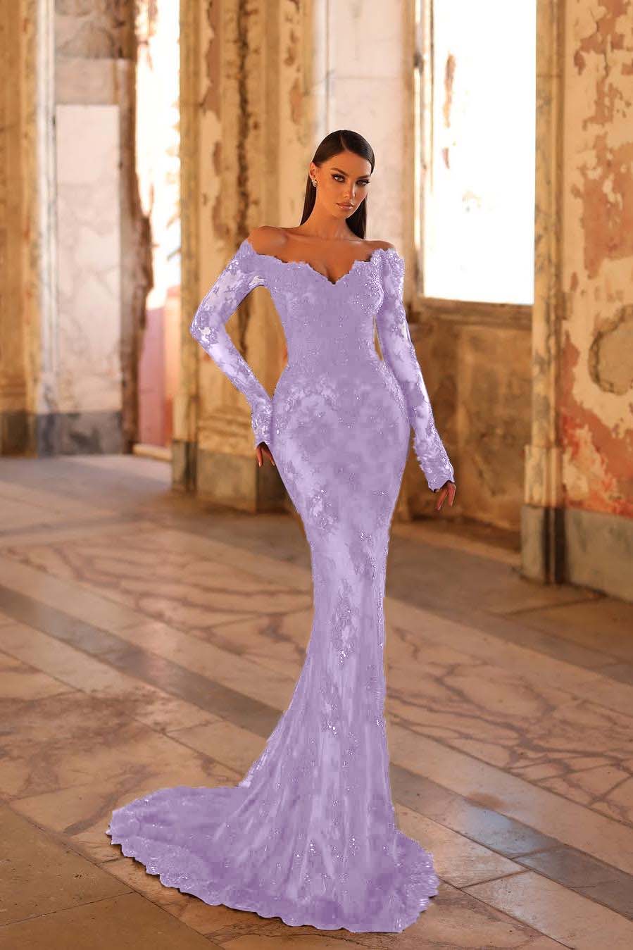Elegant Black Lace Long Sleeves Off the Shoulder Mermaid Long Prom Dress with Beadings