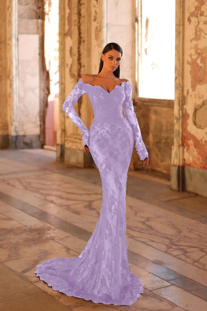 Elegant Black Lace Long Sleeves Off the Shoulder Mermaid Long Prom Dress with Beadings