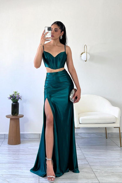 Simple Dark Green Satin Spaghetti Strap Sleeveless Long Prom Dress with Split