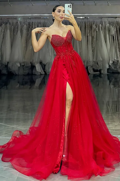 Red Sleeveless Strapless A-Line Long Beads Prom Dress